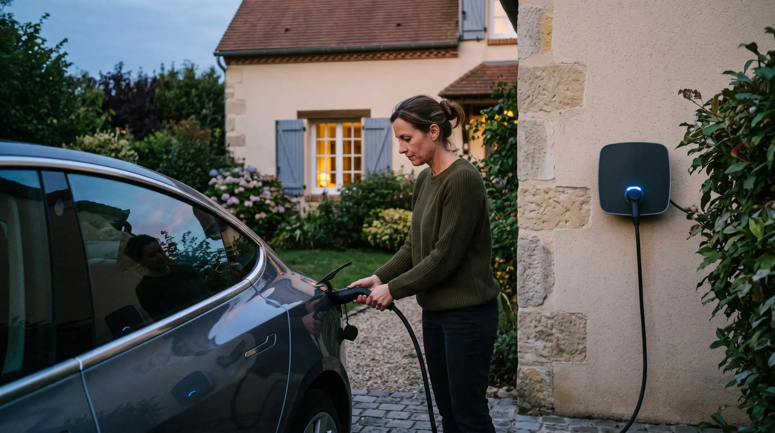 Un particulier branche le câble de recharge sur sa voiture électrique devant sa maison au crépuscule.