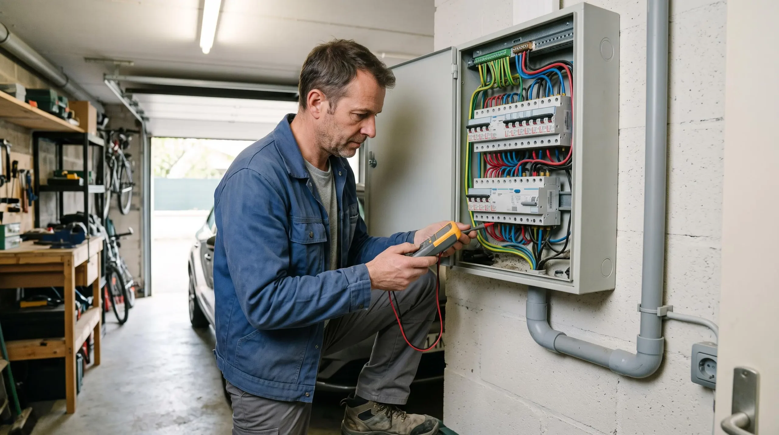 Un électricien contrôle le tableau électrique d'un garage avec un multimètre avant l'installation d'une borne de recharge.