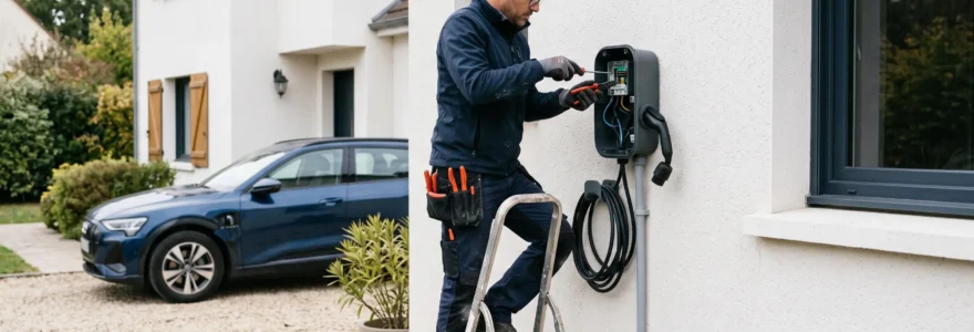 Un électricien installe une borne de recharge murale sur la façade d'une maison, avec une voiture électrique garée dans l'allée.