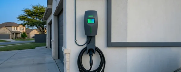 Un électricien installe une borne de recharge murale sur la façade d'une maison, avec une voiture électrique garée dans l'allée.