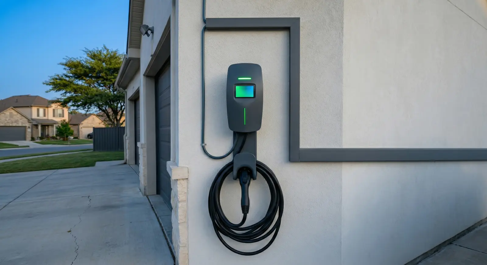 Un électricien installe une borne de recharge murale sur la façade d'une maison, avec une voiture électrique garée dans l'allée.