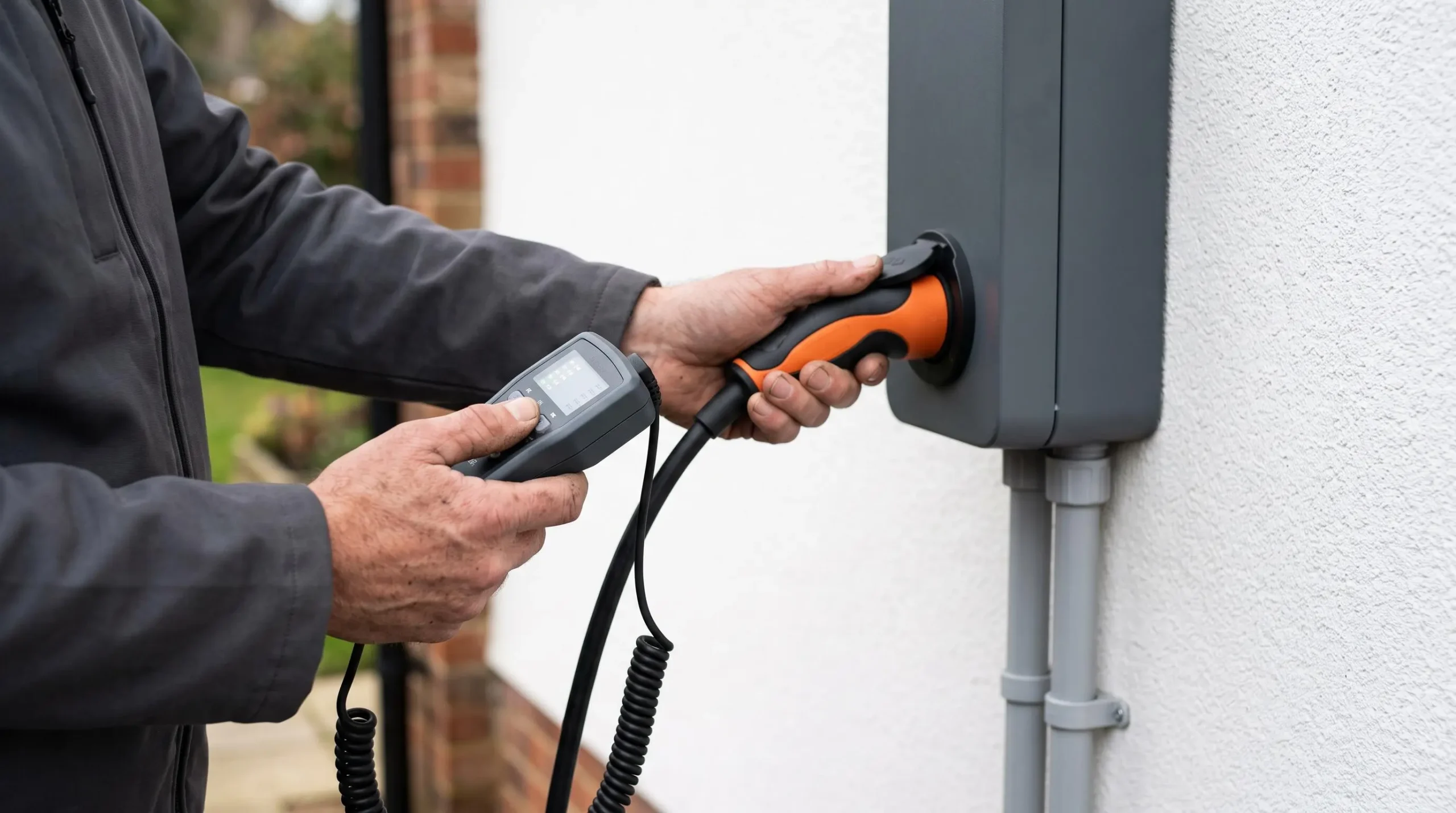Gros plan sur les mains d'un électricien réalisant un test de fonctionnement d'une borne de recharge murale.